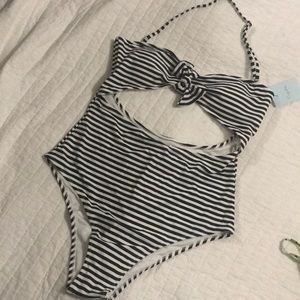 Navy striped halter one piece swimsuit
